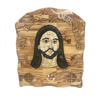 Jesus Stone Mosaic on Olive Wood Plaque, 13.5"