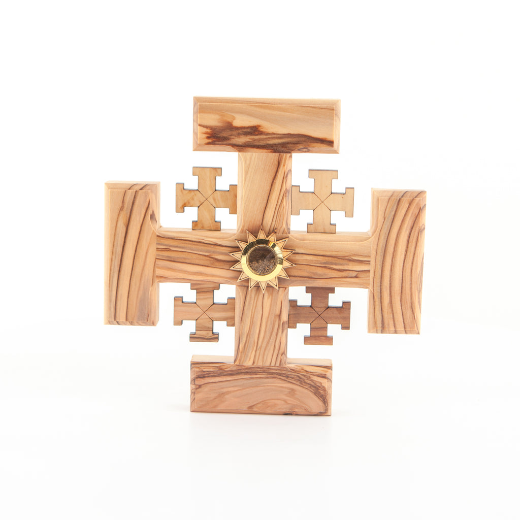 Olive wood wall cross hand carved in Bethlehem, side angle of the olive wood sculpture