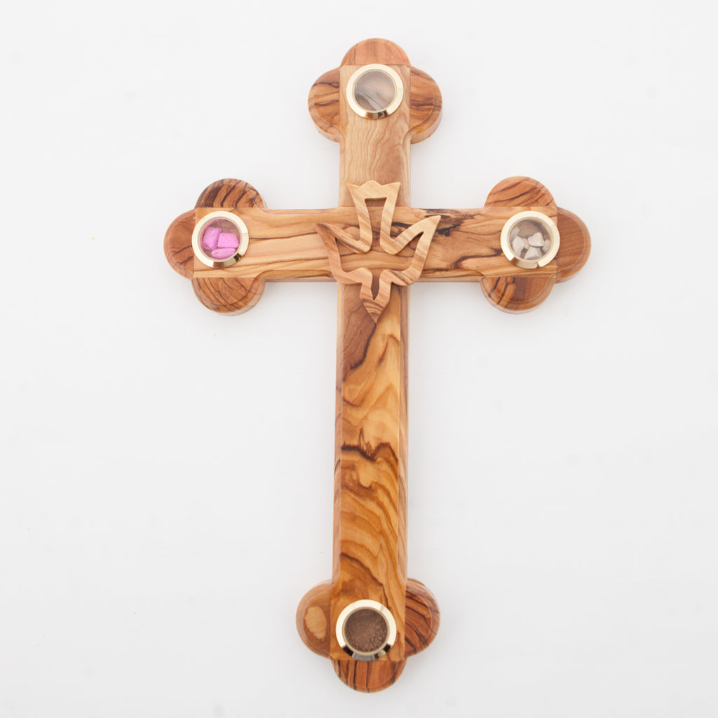 Holy Spirit olive wood wall cross from Bethlehem, 11 inch side angle of the olive wood sculpture