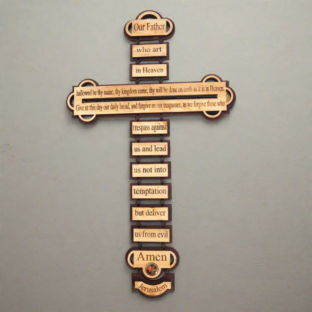 Wall Cross, Lord’s Prayer Engraved, 13", Holy Land Olive Wood
