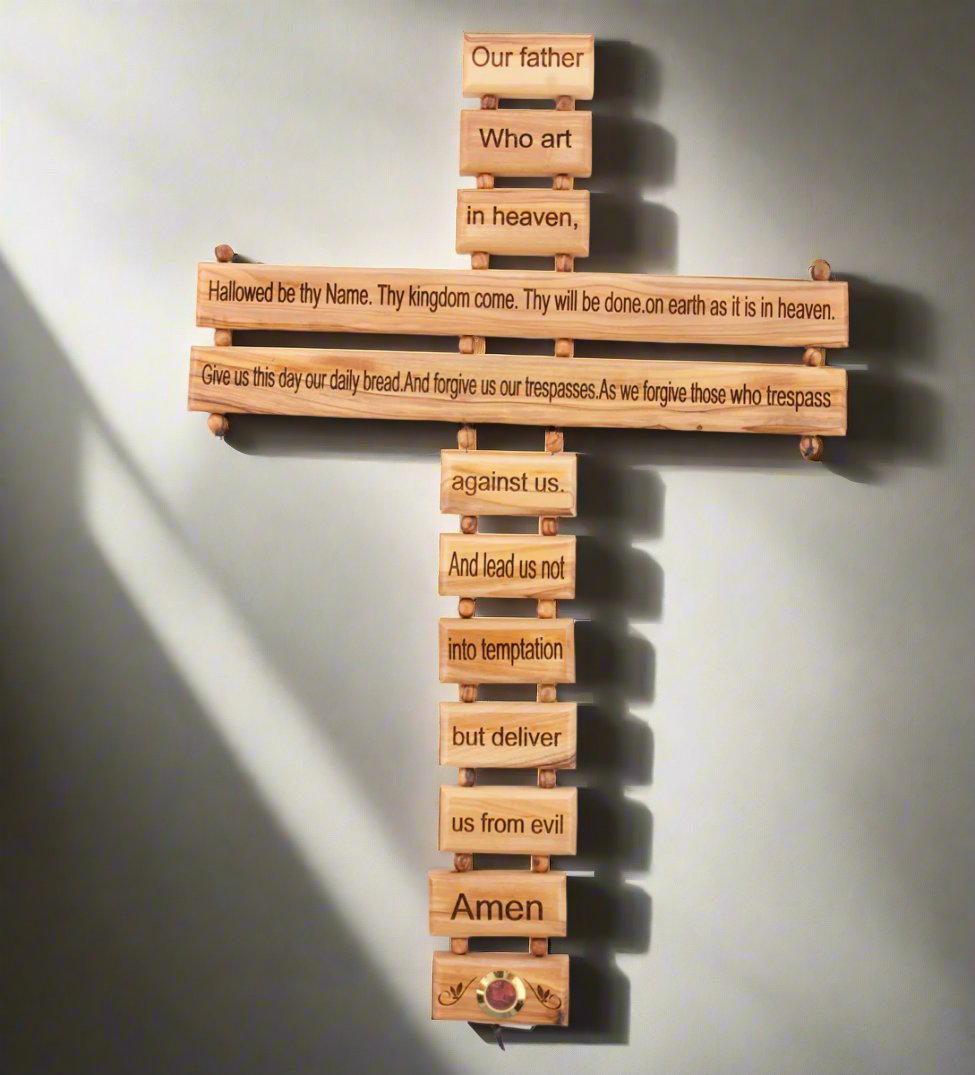 Wall Cross with Lord’s Prayer, 11", Made from Holy Land Olive Wood