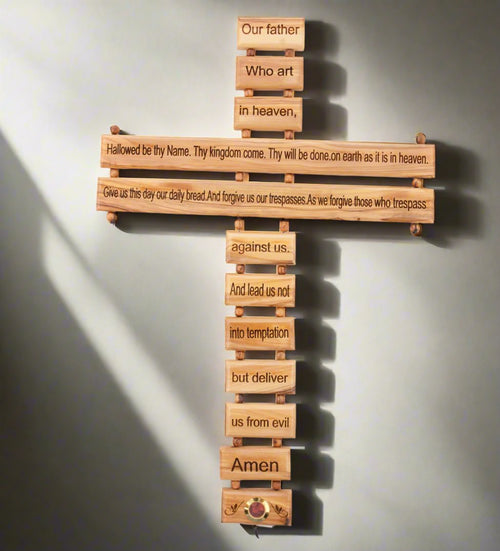 Lord's Prayer olive wood wall cross from Bethlehem, 11 inch front view of the olive wood masterpiece
