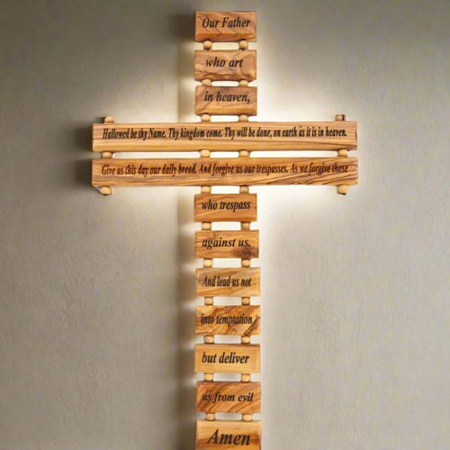 Lord's Prayer olive wood wall cross from Bethlehem, 9.8 inch front view of the olive wood masterpiece