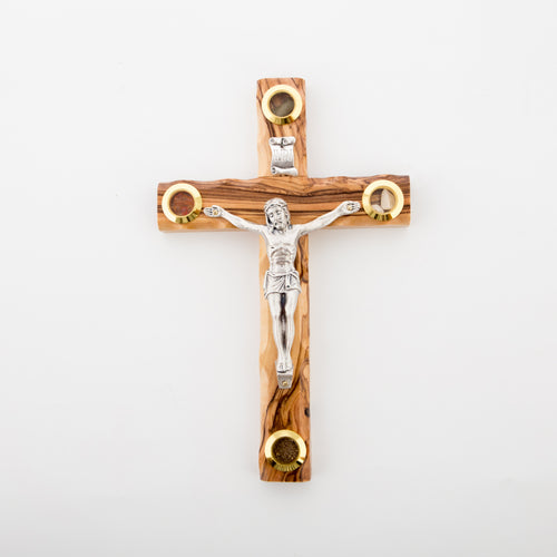 Olive wood crucifix hand carved in Bethlehem, 7.9 inch side angle of the olive wood sculpture