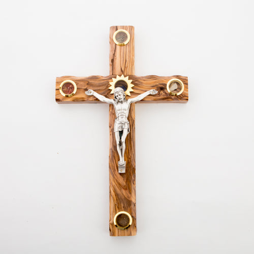 Olive wood crucifix hand carved in Bethlehem, 11.8 inch side angle of the olive wood sculpture