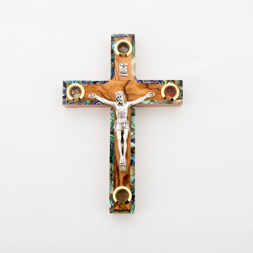 Olive wood crucifix hand carved in Bethlehem, 6.3 inch side angle of the olive wood sculpture