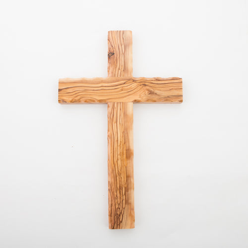 Olive wood wall cross hand carved in Bethlehem, 13.8 inch side angle of the olive wood sculpture