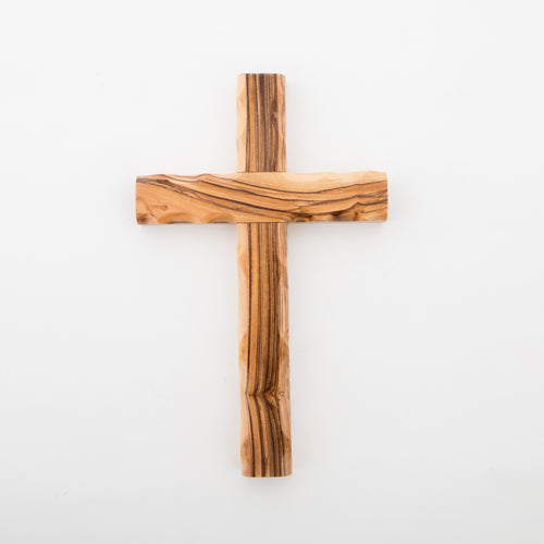 Olive wood wall cross hand carved in Bethlehem, 7.9 inch front view of the olive wood masterpiece