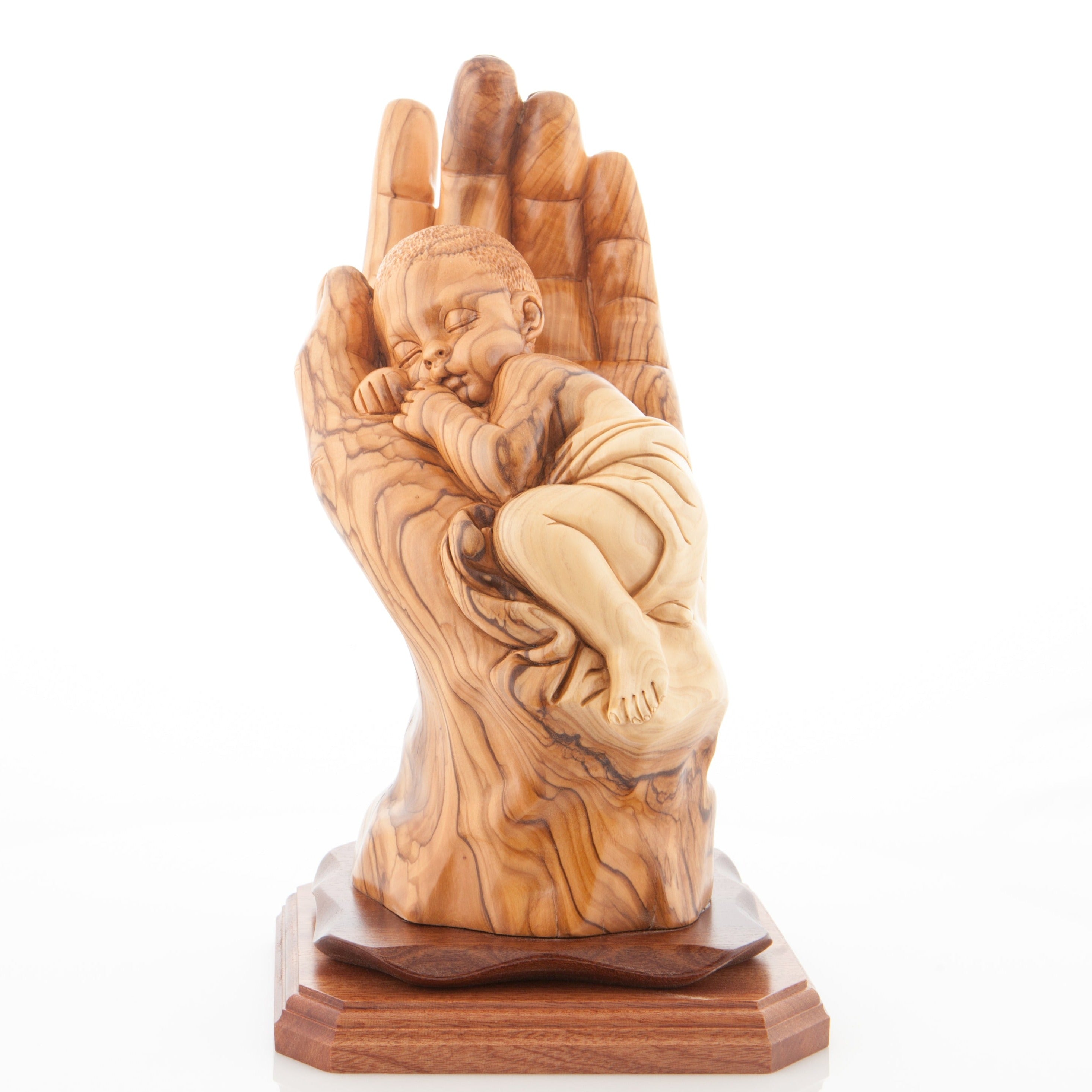 religious olive wood statue hand carved in Bethlehem, 12.4 inch opposite side angle of the religious sculpture