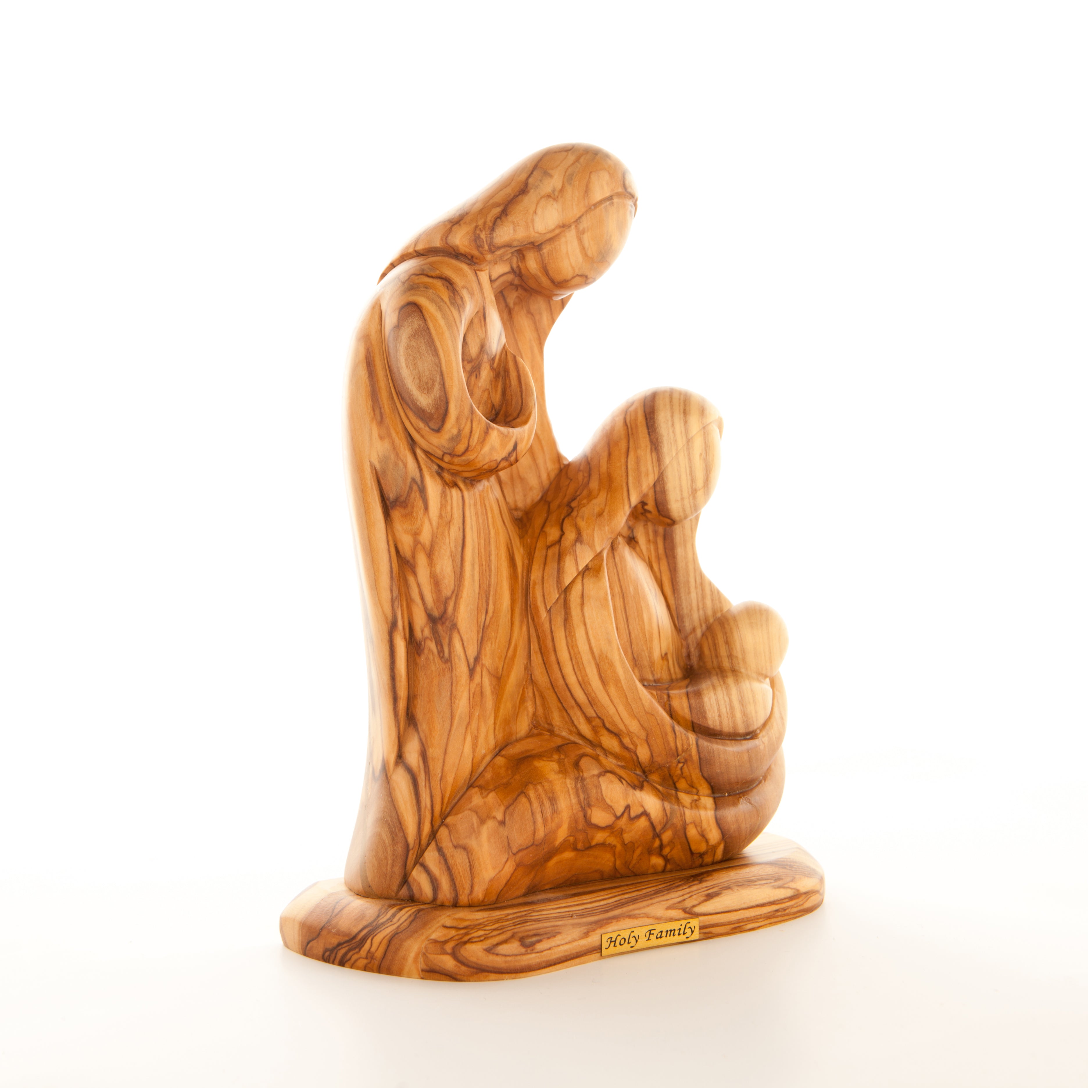 Holy Family olive wood statue hand carved in Bethlehem, 8.3 inch side angle of the olive wood sculpture