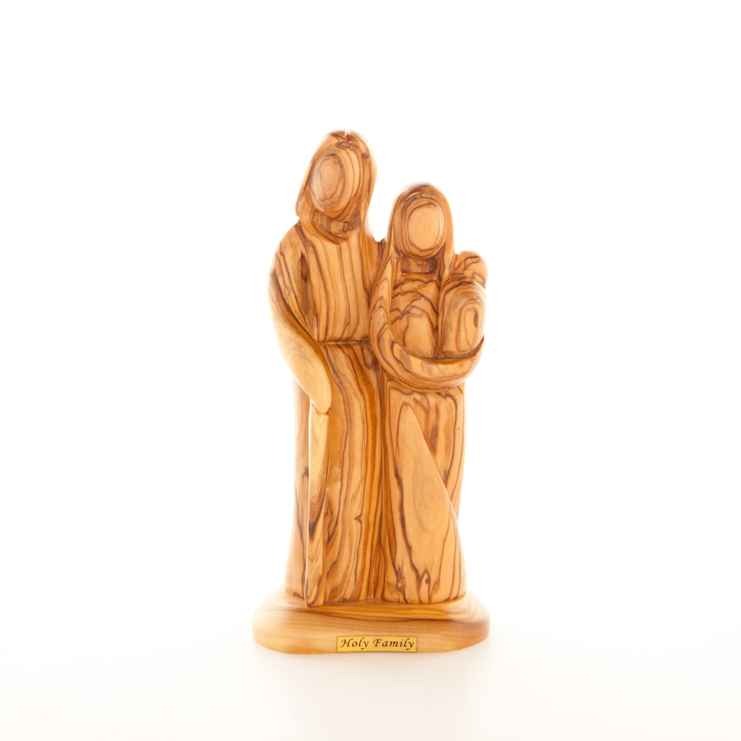 Holy Family Figurine on Wooden Base, 7.7" Abstract Hand Carved Olive Wood