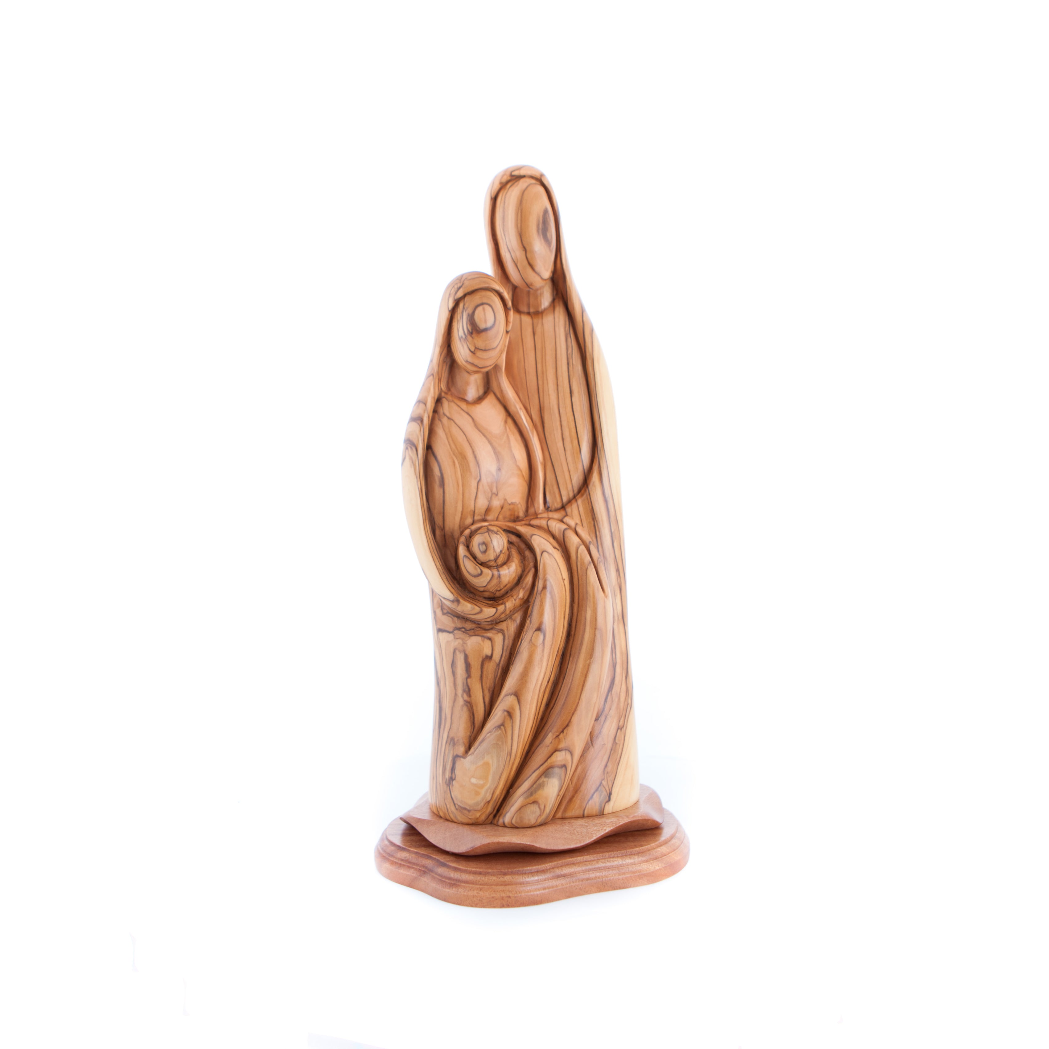 Hand-carved wooden sculpture of the Holy Family, featuring figures of Mary, Joseph, and baby Jesus, crafted from olive wood.