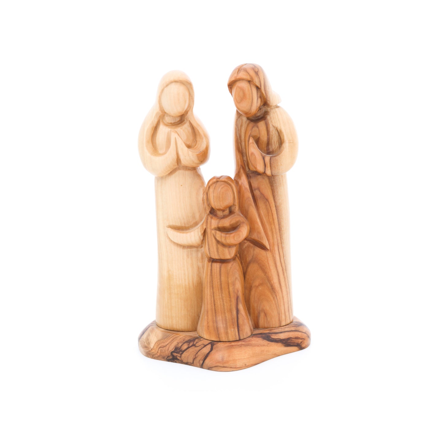 Jesus, Mary and Joseph Olive Wood Sculpture, 12.6" Abstract Hand Carved