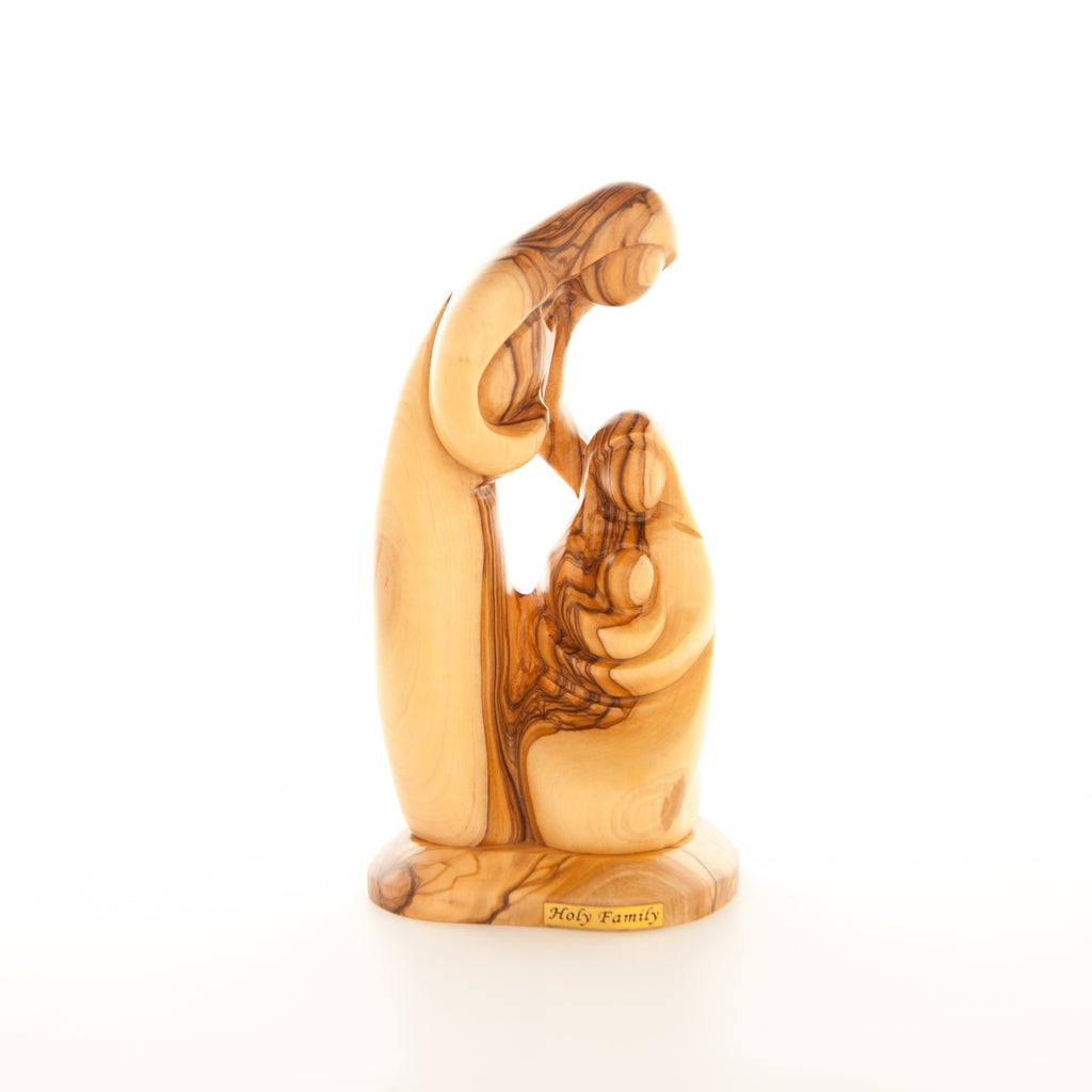 Holy Family olive wood statue hand carved in Bethlehem, 7.1 inch front view of the olive wood masterpiece