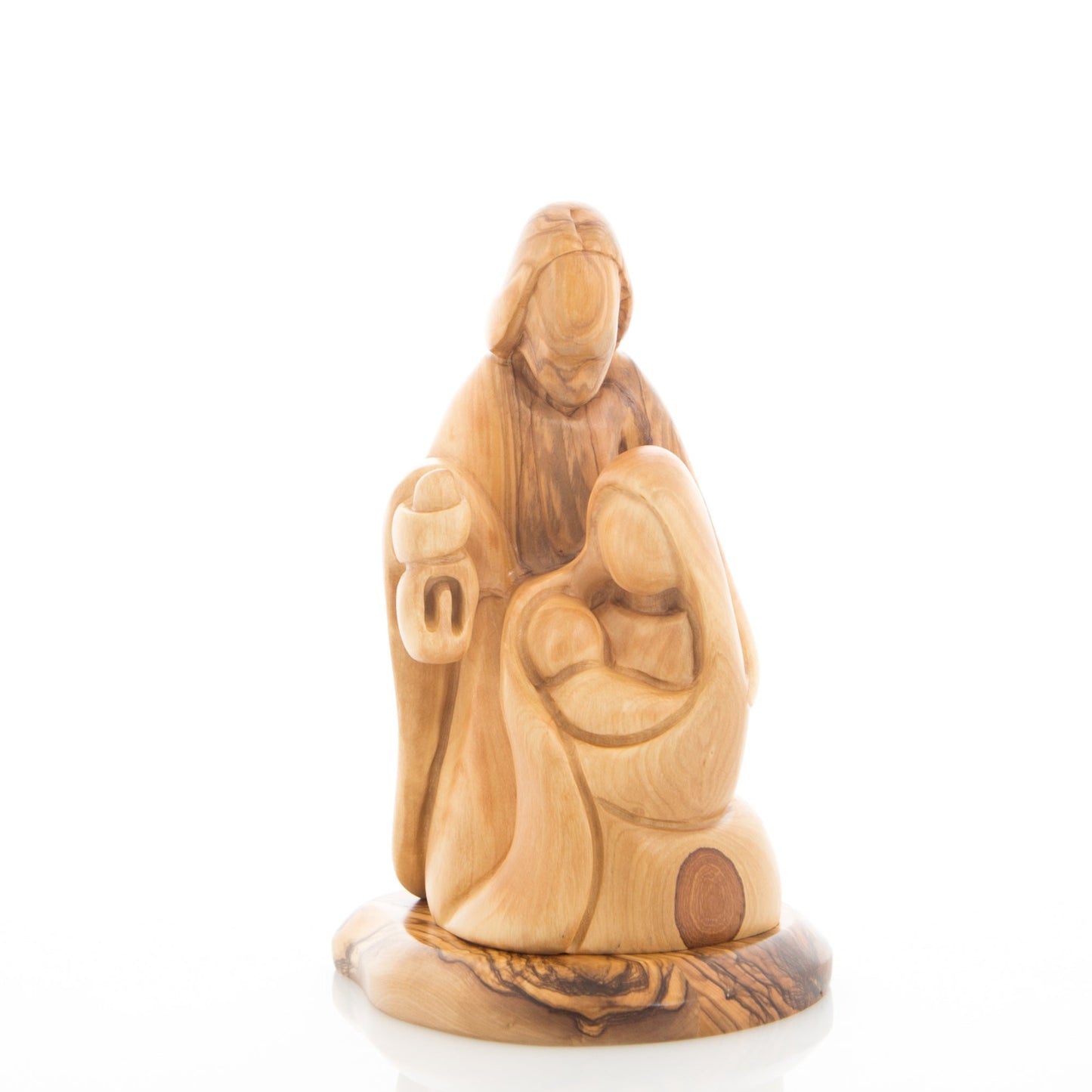 Holy Family Sculpture with a Lantern, 7.5" Abstract Hand Carved Olive Wood