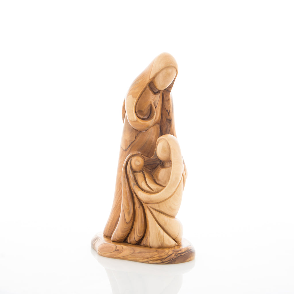 Olive wood nativity scene hand carved in Bethlehem, 10 inch side angle of the olive wood sculpture