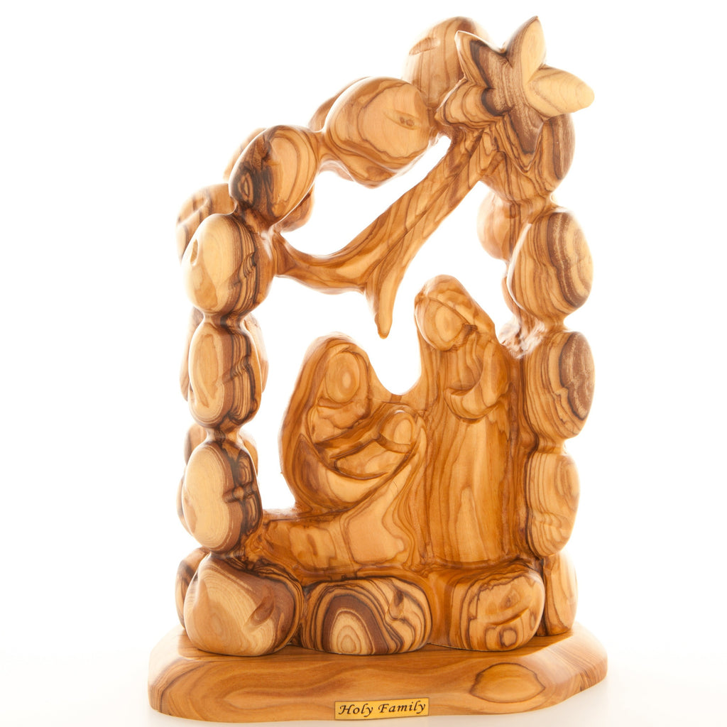 Olive wood nativity scene hand carved in Bethlehem, 8.7 inch top angle showing detail of the craftsmanship