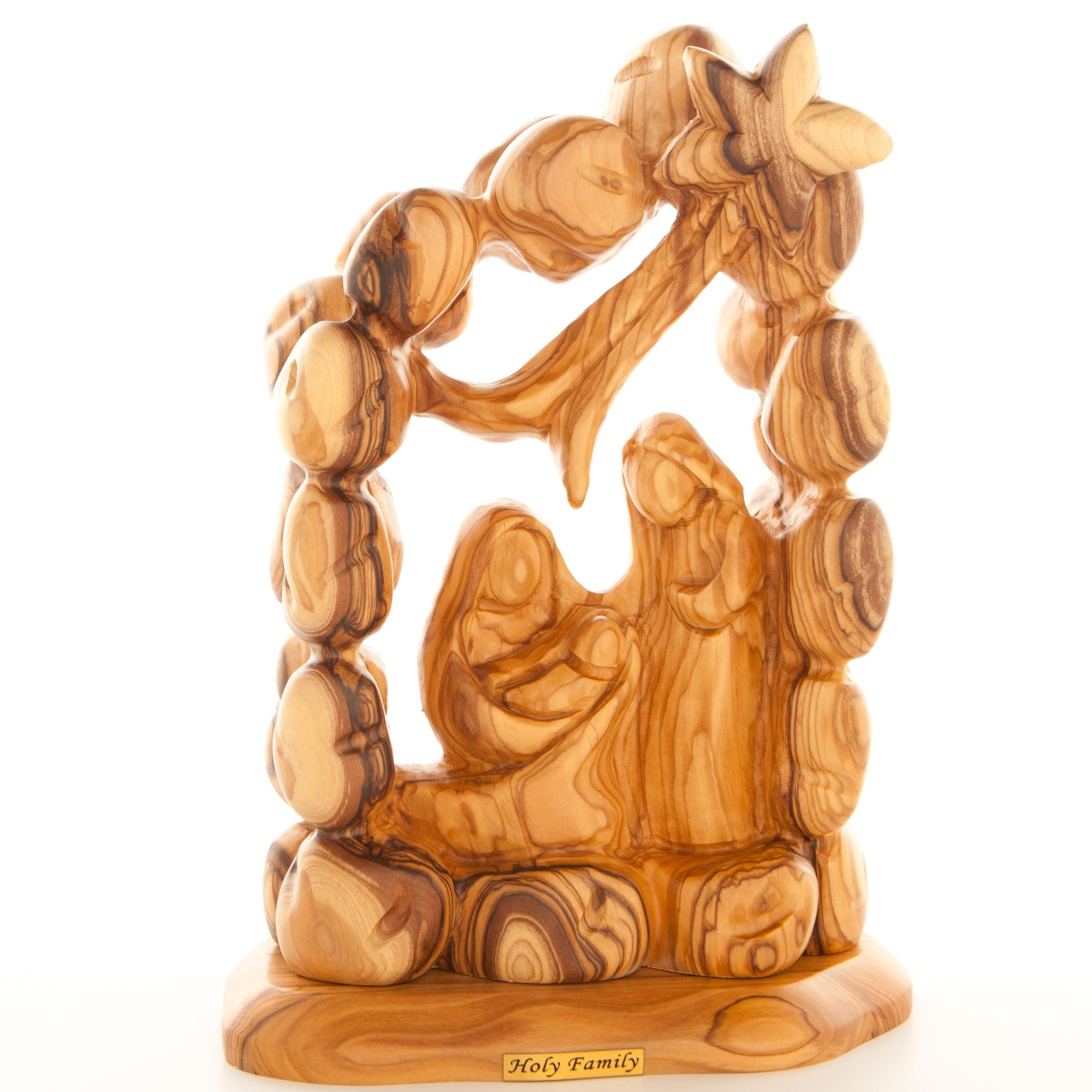 Olive wood nativity scene hand carved in Bethlehem, 8.7 inch top angle showing detail of the craftsmanship