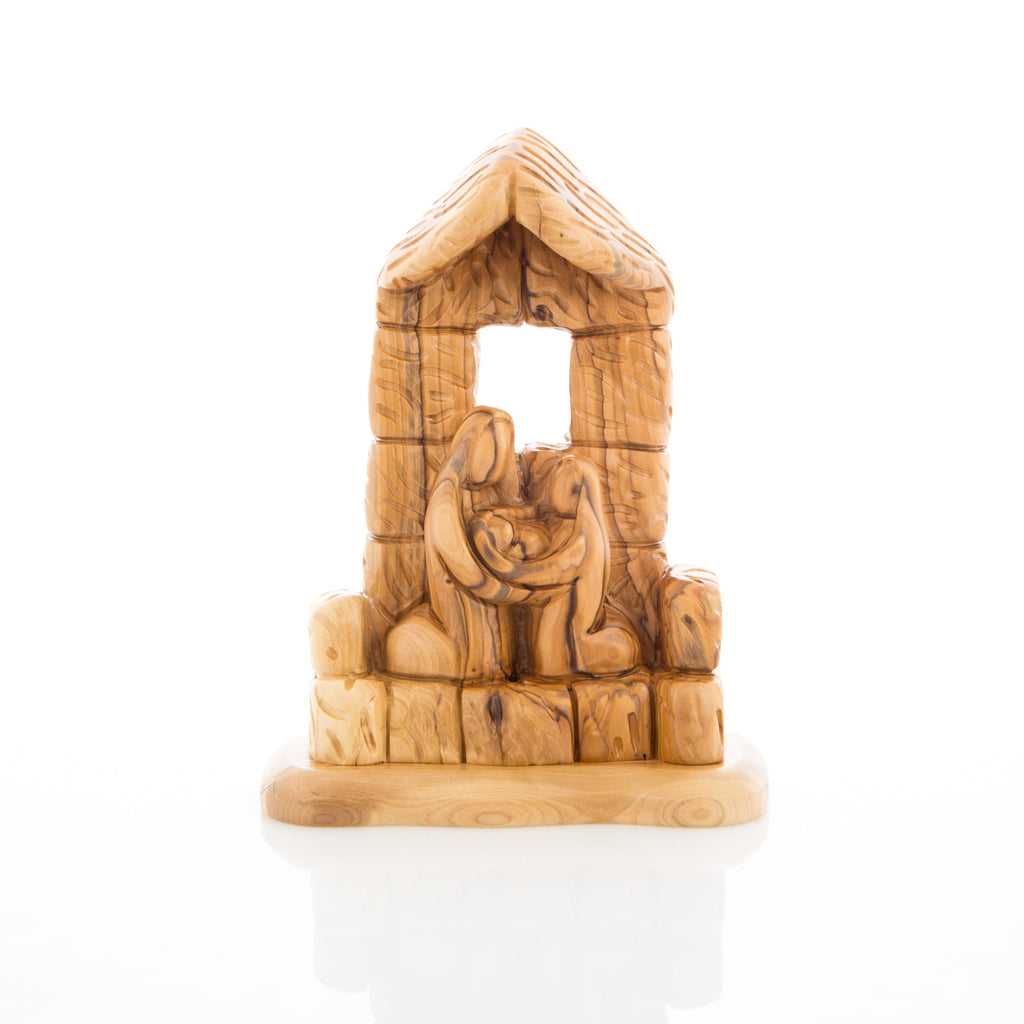 Olive wood nativity scene hand carved in Bethlehem, 8.5 inch lifestyle photo on display