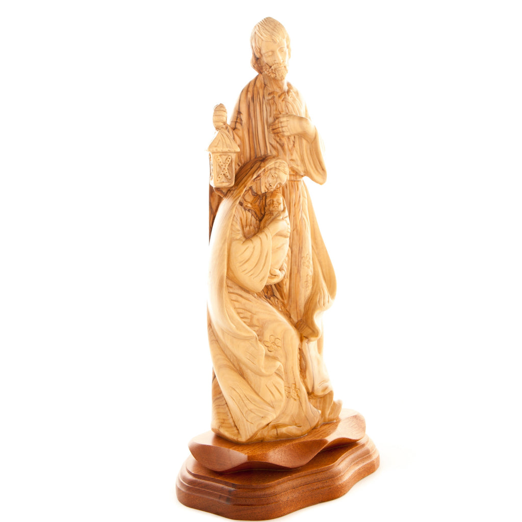 Holy Family olive wood statue hand carved in Bethlehem, 13 inch side angle of the olive wood sculpture