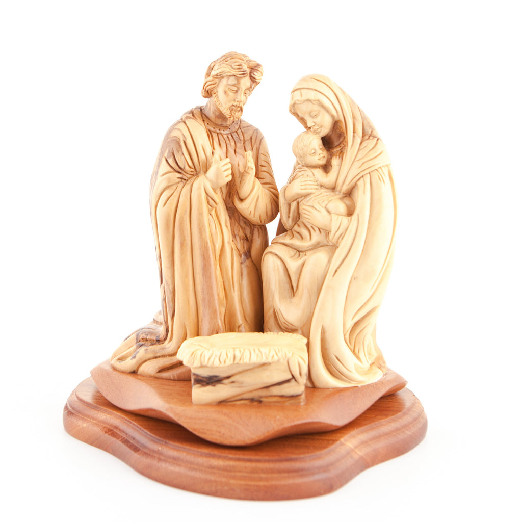 Olive wood nativity scene hand carved in Bethlehem, 8.7 inch side angle of the olive wood sculpture