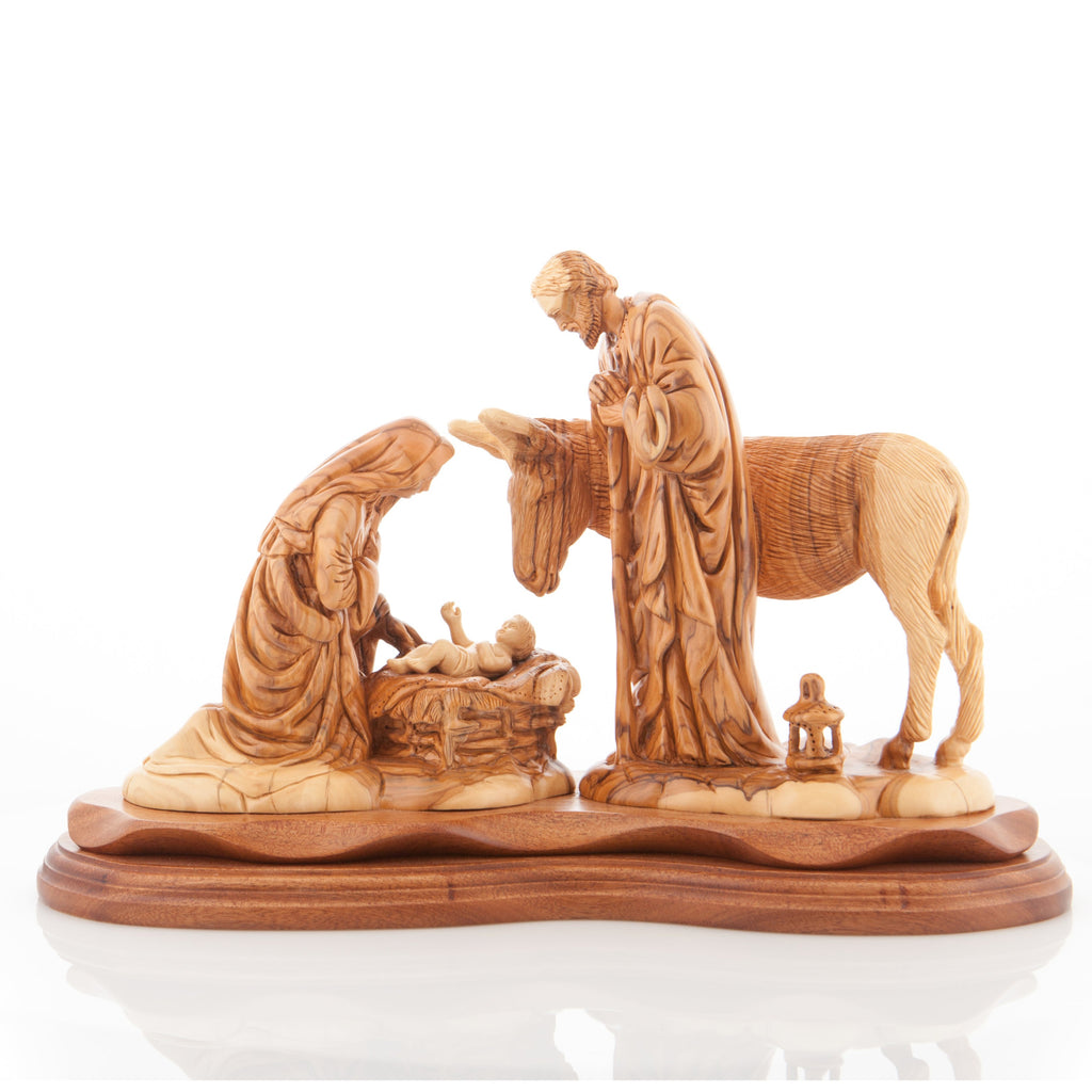 Olive wood nativity scene hand carved in Bethlehem, 15 inch scale reference view