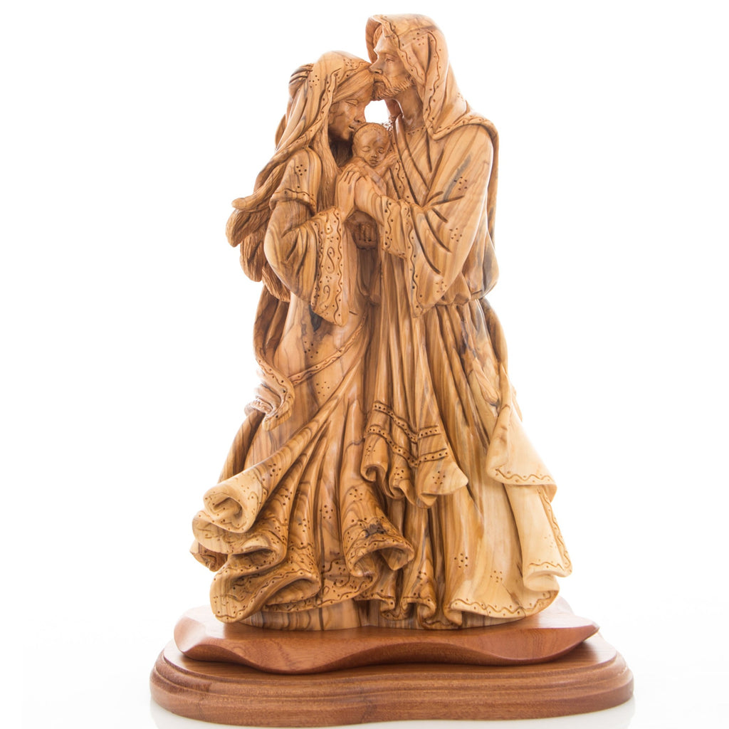 Adoring Holy Family Jesus Christ with St. Joseph and Mary Masterpiece, 13.8" Made from Olive Wood Carved Sculpture from the Holy Land