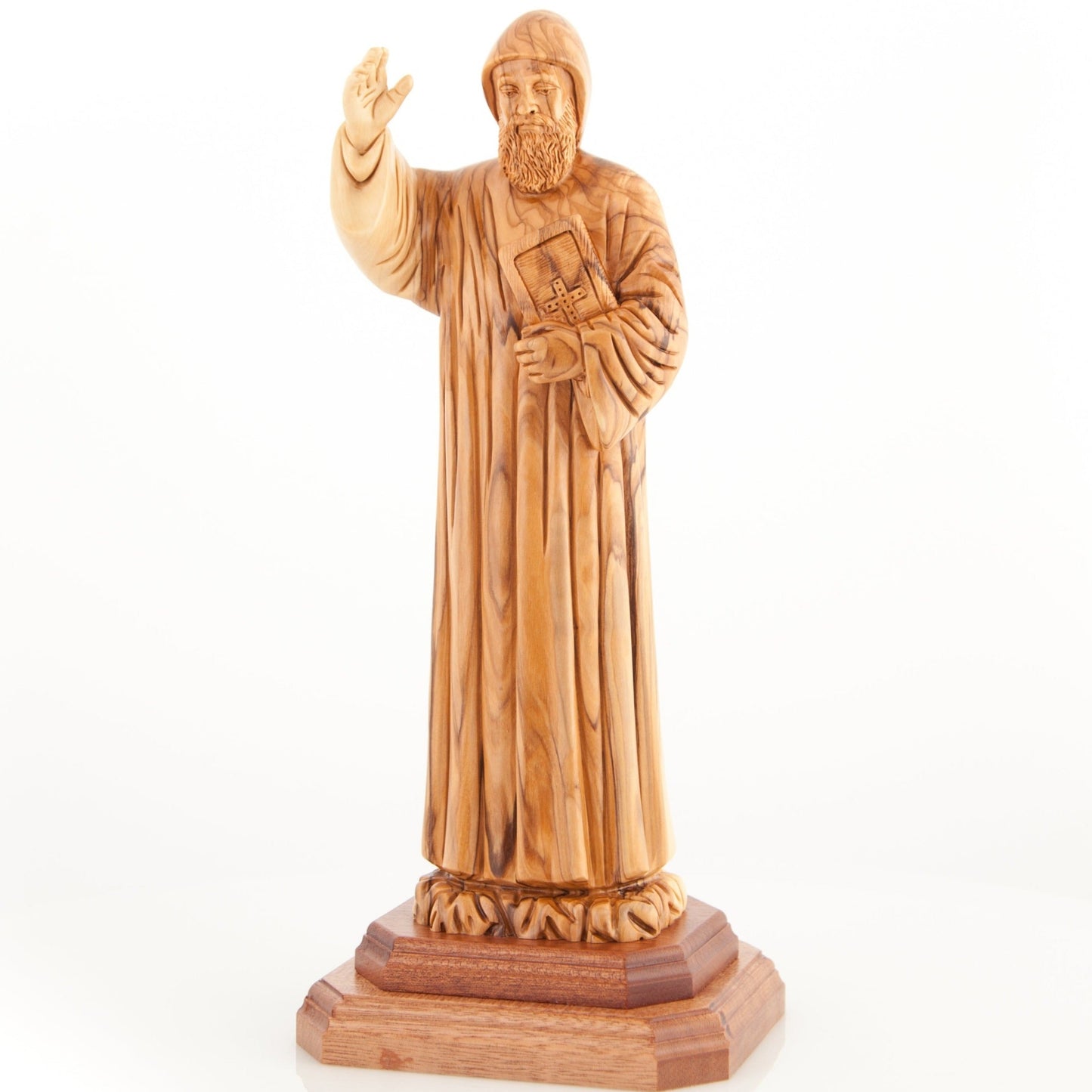 St. Charbel Carved Sculpture, 12.8" Olive Wood from Holy Land