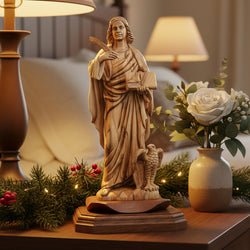 Angel olive wood statue from Bethlehem hand carved, 9.8 inch front view of the olive wood masterpiece