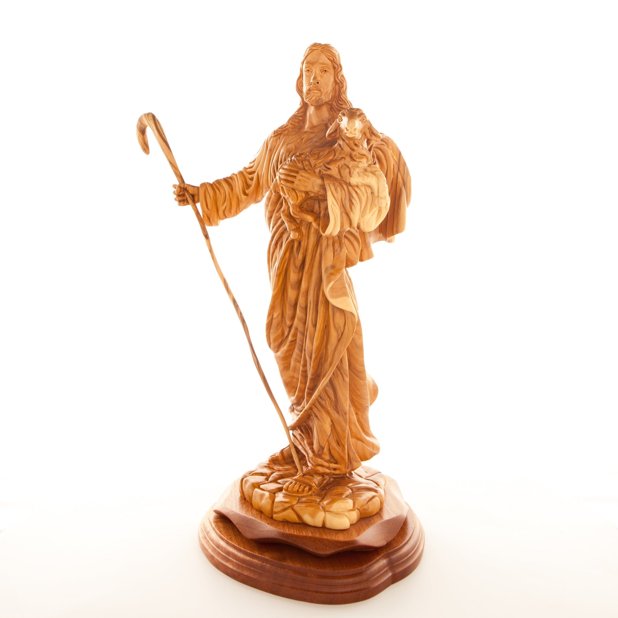 Good Shepherd statue hand carved from Bethlehem olive wood, 14.6 inch side angle of the olive wood sculpture