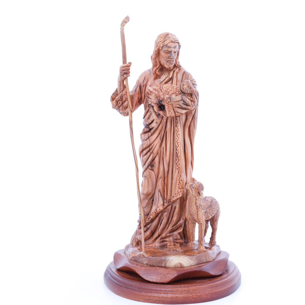 Good Shepherd statue hand carved from Bethlehem olive wood, 12.6 inch lifestyle photo on display