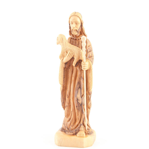 Good Shepherd statue hand carved from Bethlehem olive wood, 10.6 inch side angle of the olive wood sculpture