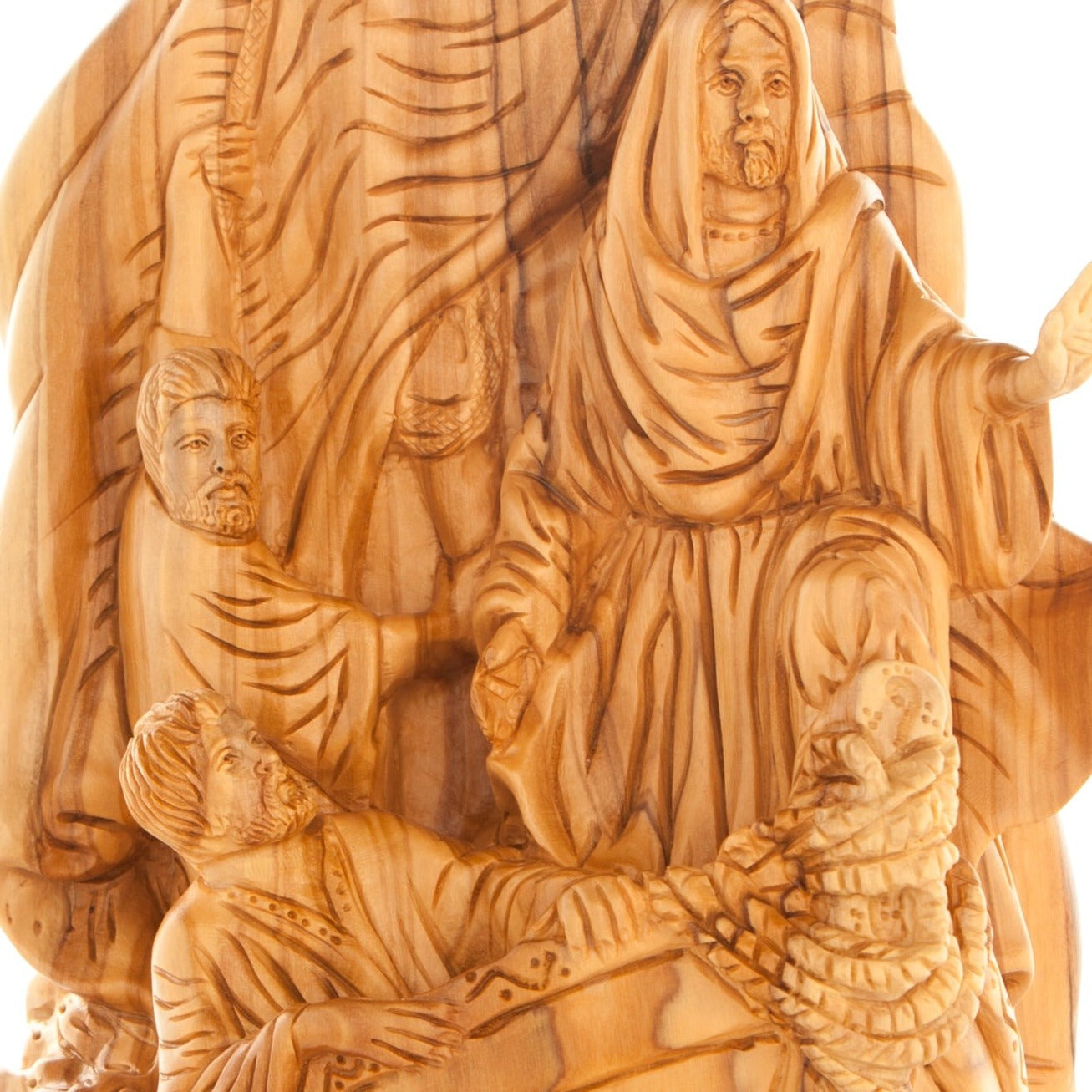 Jesus Christ statue hand carved from Bethlehem olive wood, 10.5 inch natural light photo of the piece
