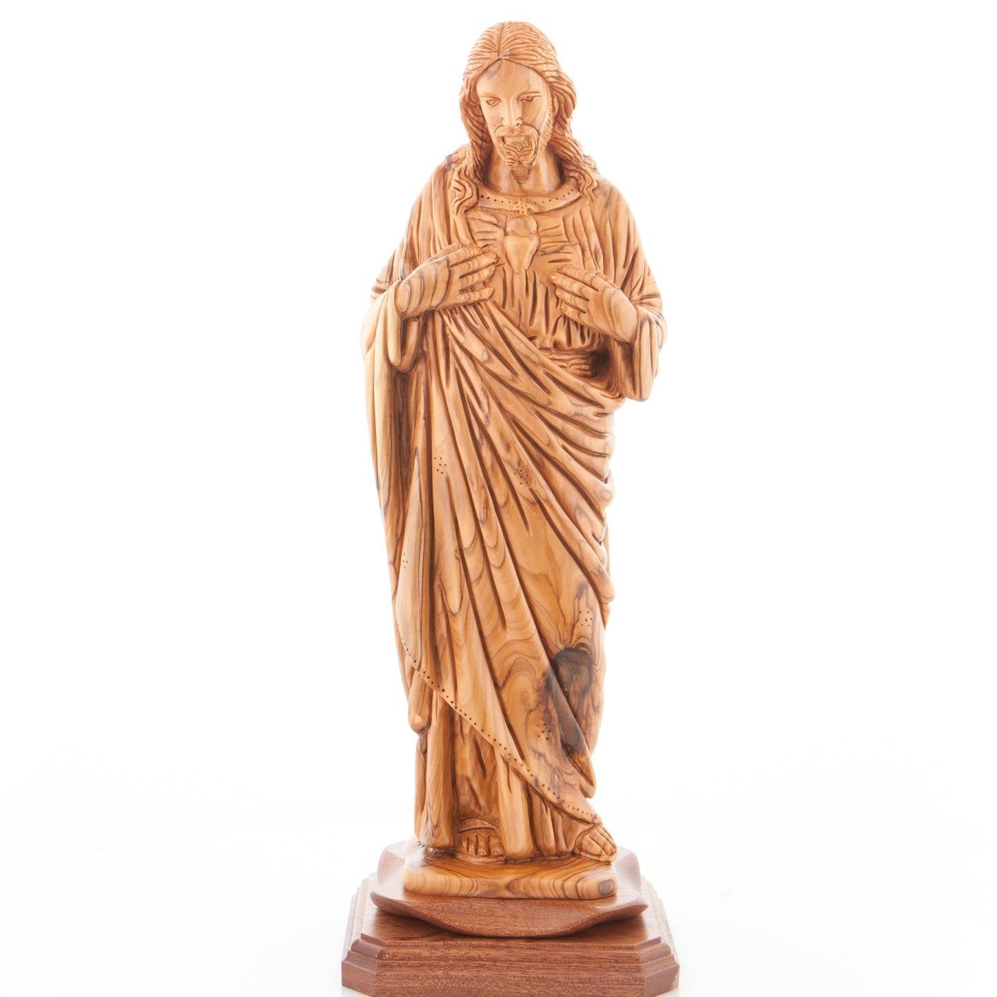 “Sacred Heart of Jesus” Sculpture, 16.1" Carved Olive Wooden Masterepiece