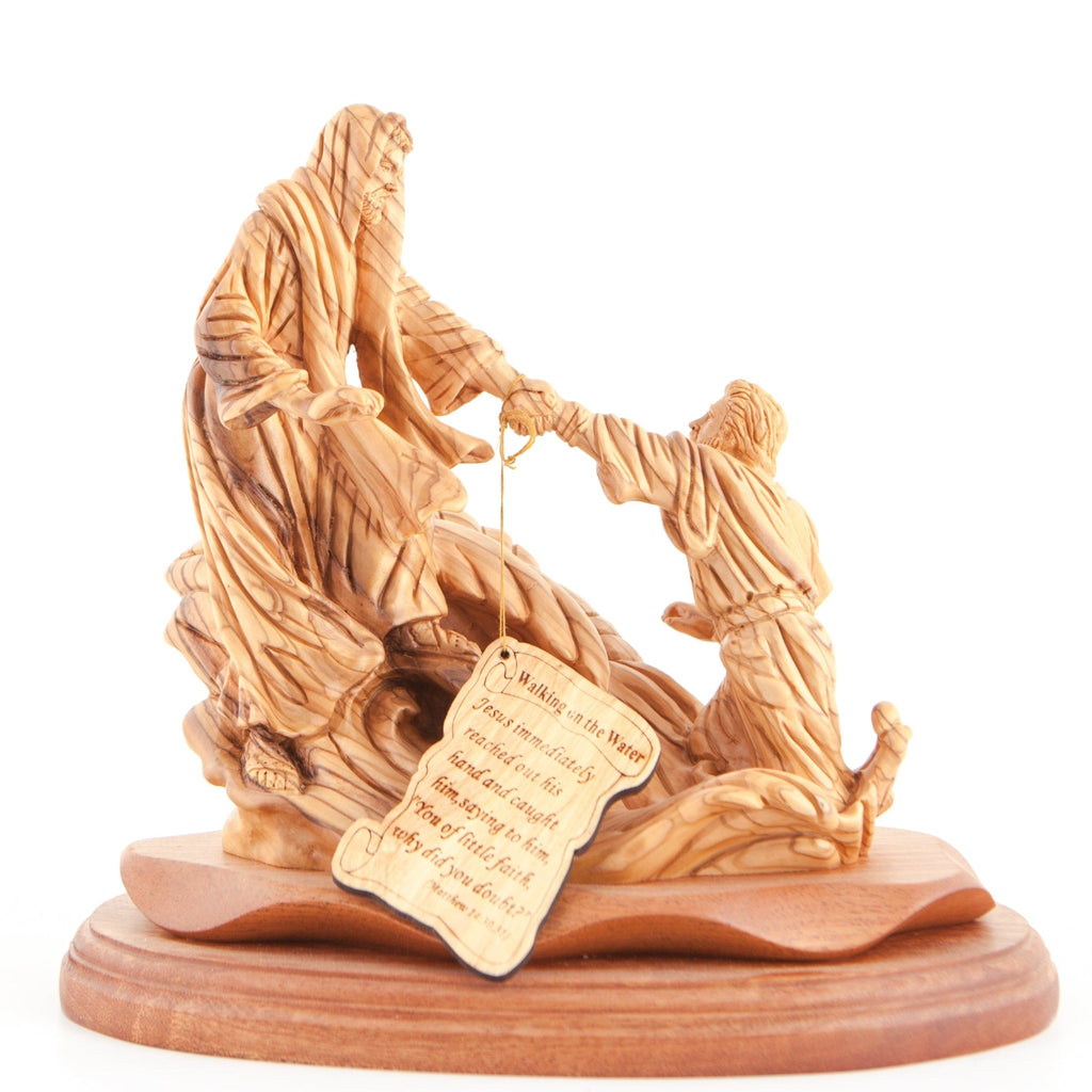 Jesus Christ statue hand carved from Bethlehem olive wood, 10 inch side angle of the olive wood sculpture