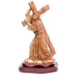 Jesus Christ olive wood cross from Bethlehem hand carved, 13.8 inch side angle of the olive wood sculpture