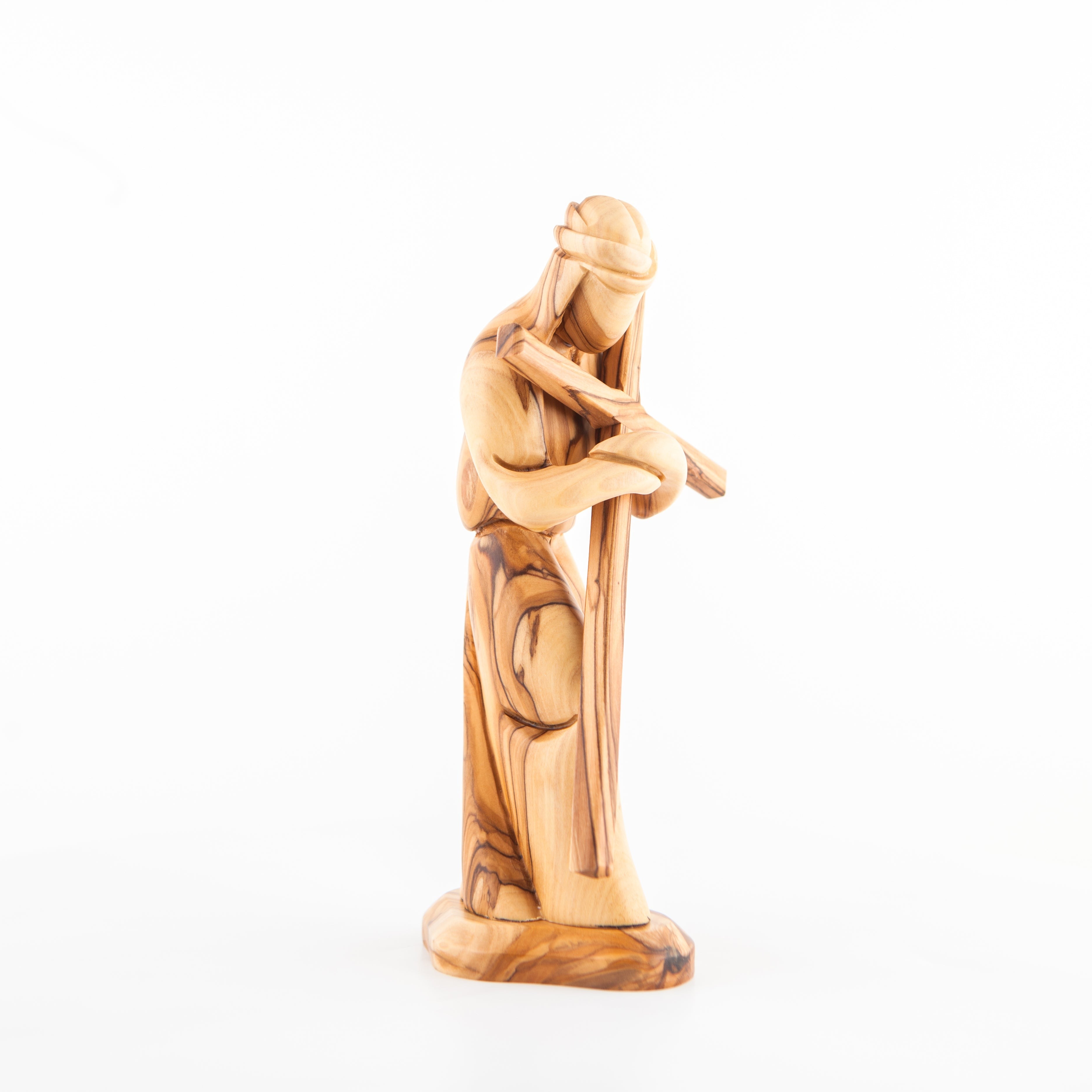 Jesus Christ "Holding Cross", 9.1" Carving in Olive Wood from Holy Land
