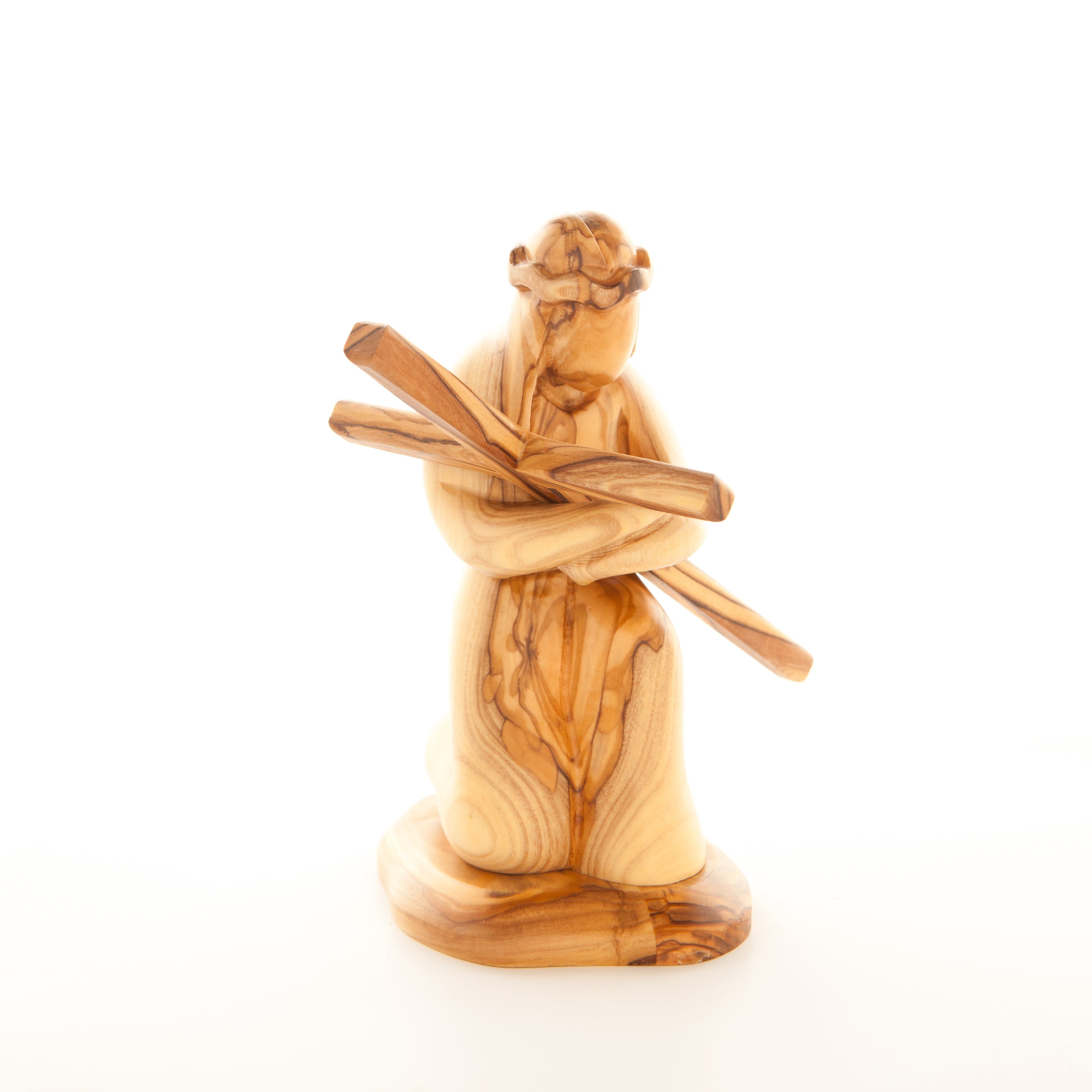Jesus Christ olive wood cross from Bethlehem hand carved, 7.1 inch lifestyle photo on display