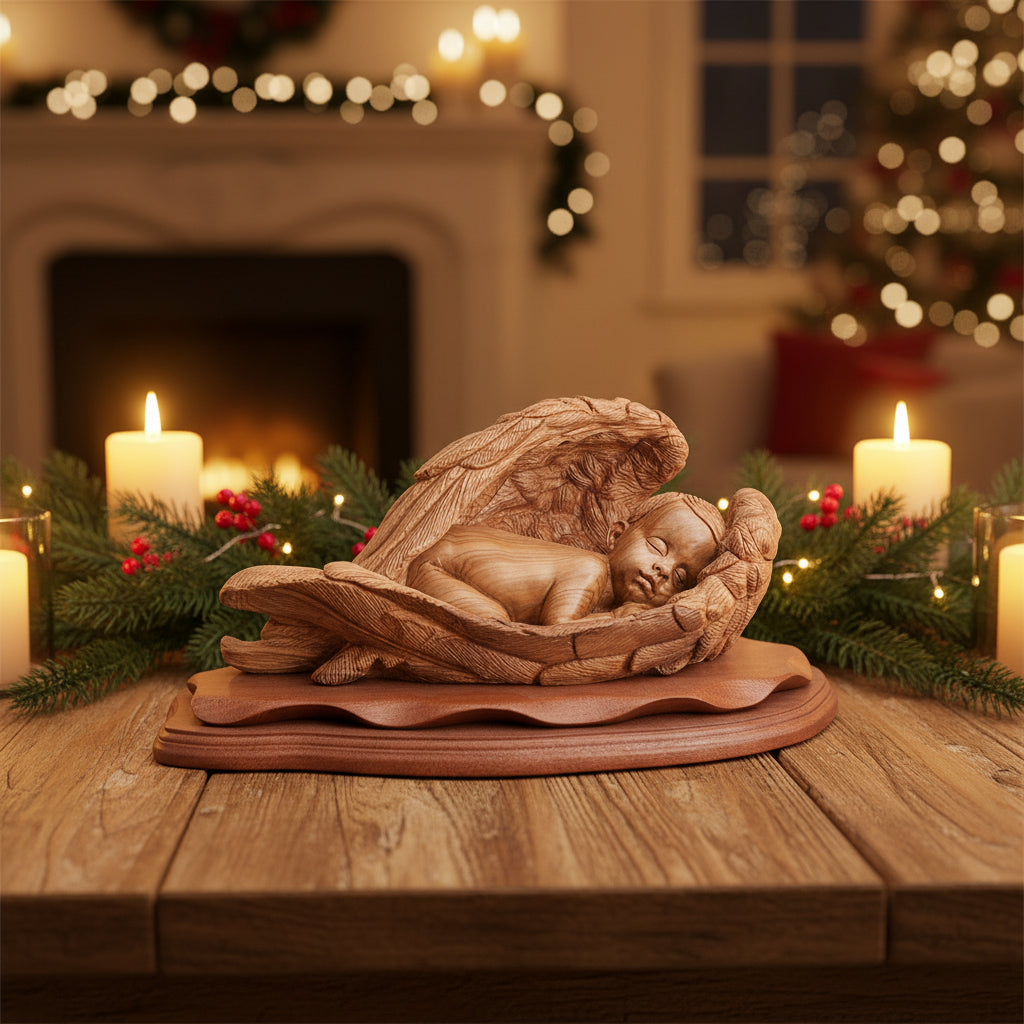 A wooden carving of baby Jesus sleeping with angel wings.