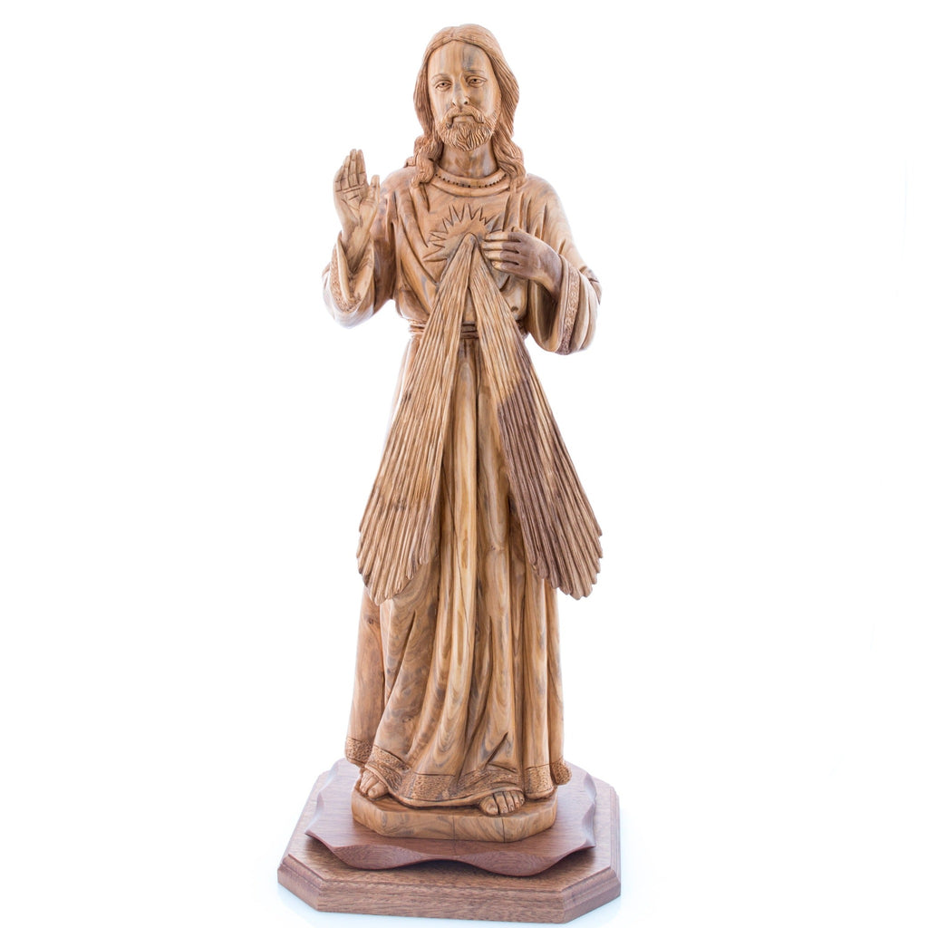 Carved Olive Wood Divine Mercy's Statue, 22.4" Sacred Heart Carving