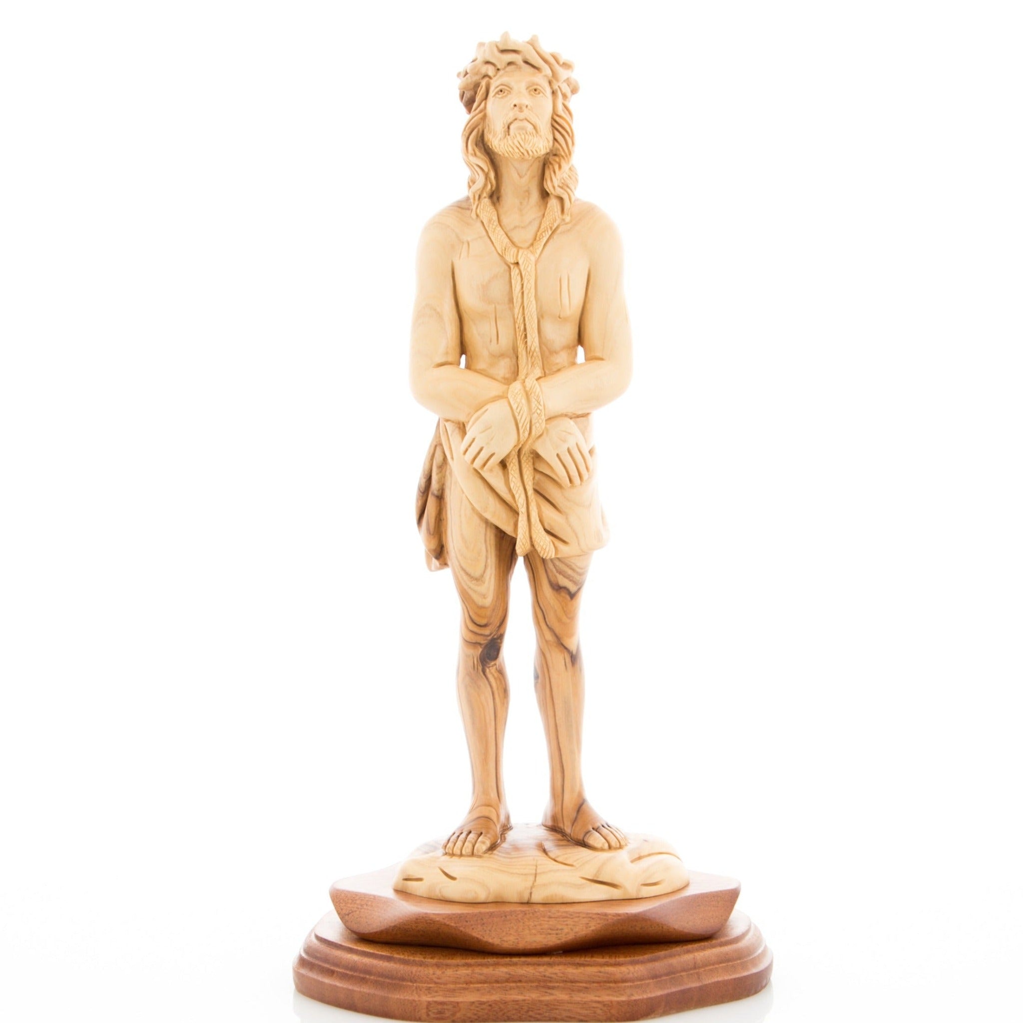 Jesus Christ statue hand carved from Bethlehem olive wood, 13 inch front view of the olive wood masterpiece