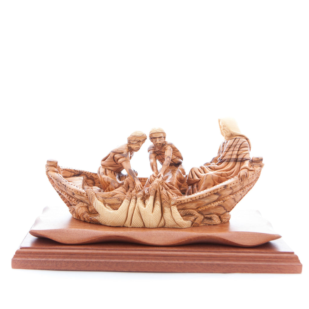 Jesus Christ "Miracle of Fisherman", 11.4" Long, Holy Land Olive Wood Sculpture
