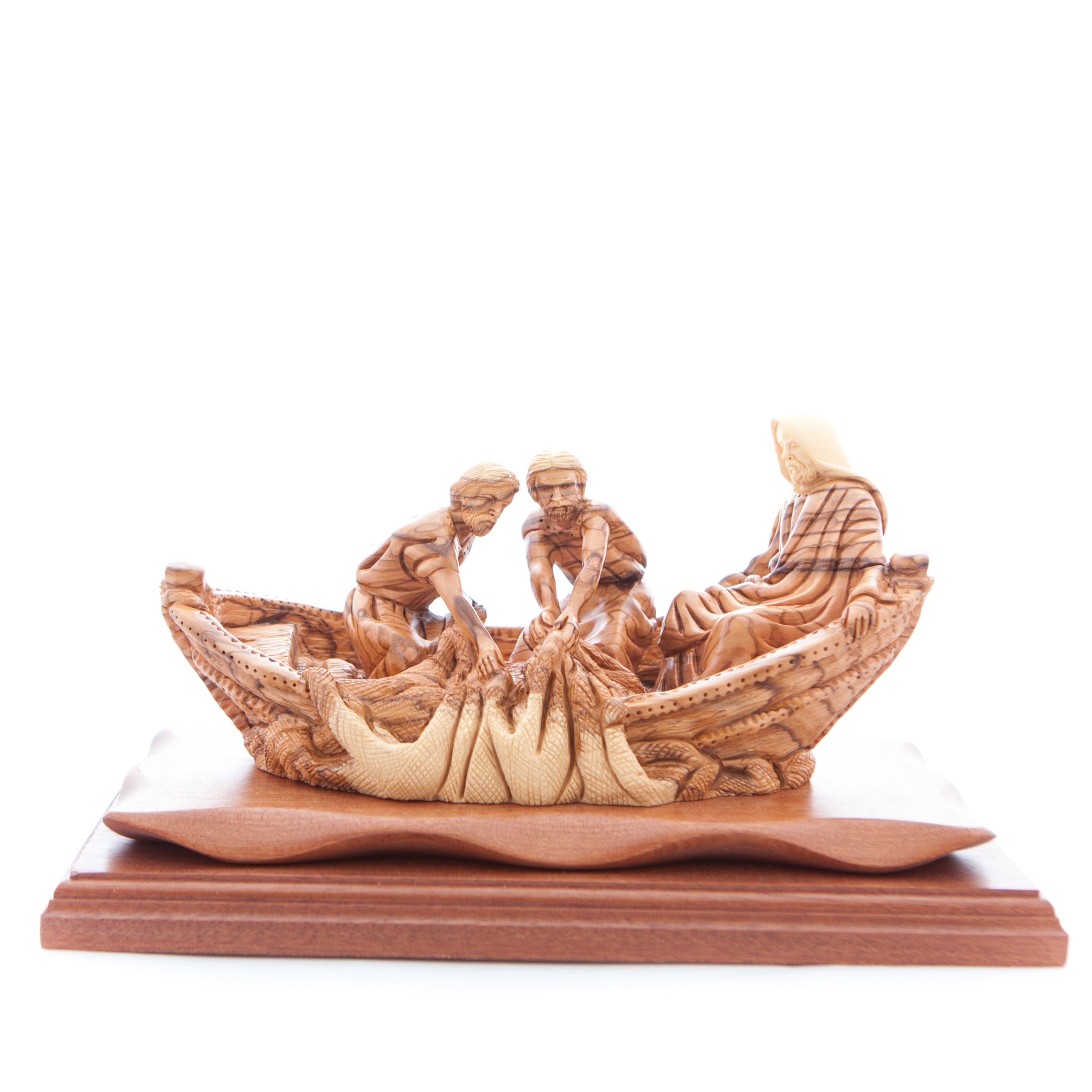 Jesus Christ "Miracle of Fisherman", 11.4" Long, Holy Land Olive Wood Sculpture