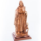 Good Shepherd statue hand carved from Bethlehem olive wood, 16.5 inch opposite side angle of the religious sculpture