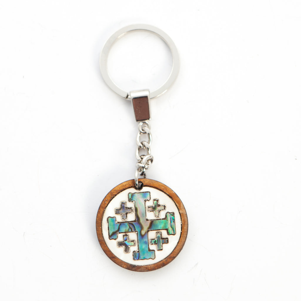 Jerusalem Cross mother of pearl religious gift from Bethlehem, side angle of the olive wood sculpture