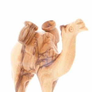 Olive wood nativity scene hand carved in Bethlehem, 4 inch three quarter view of the religious piece