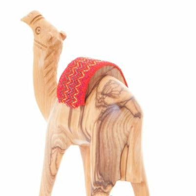 Wooden Carved Camel with Red Saddle - Statuettes - Bethlehem Handicrafts