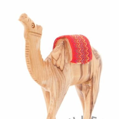 Wooden Carved Camel with Red Saddle - Statuettes - Bethlehem Handicrafts