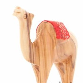 Carved Wood Camel with Red Saddle - Statuettes - Bethlehem Handicrafts