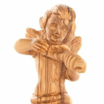 Olive wood nativity scene hand carved in Bethlehem, 6.3 inch three quarter view of the religious piece